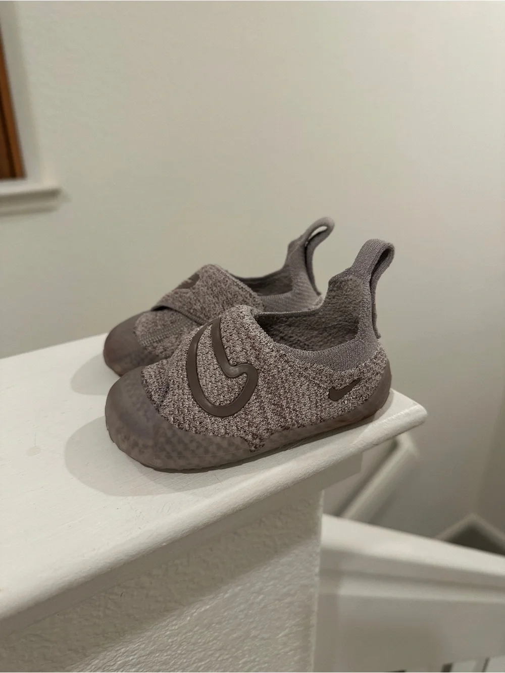 Nike Swoosh Taupe Knit Slip-On Sneakers with Hook-and-Loop